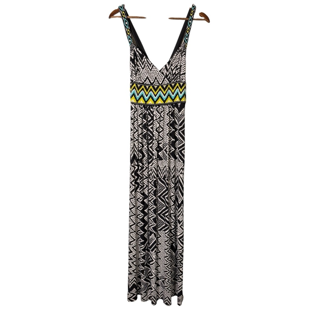 Maggie L Vintage Maxi Dress Crisscross Back Black White Pattern Size 8